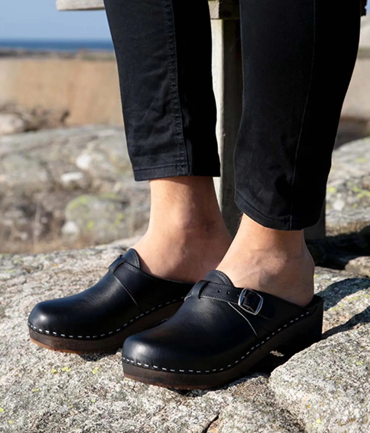 Halmstad buckled clog mules